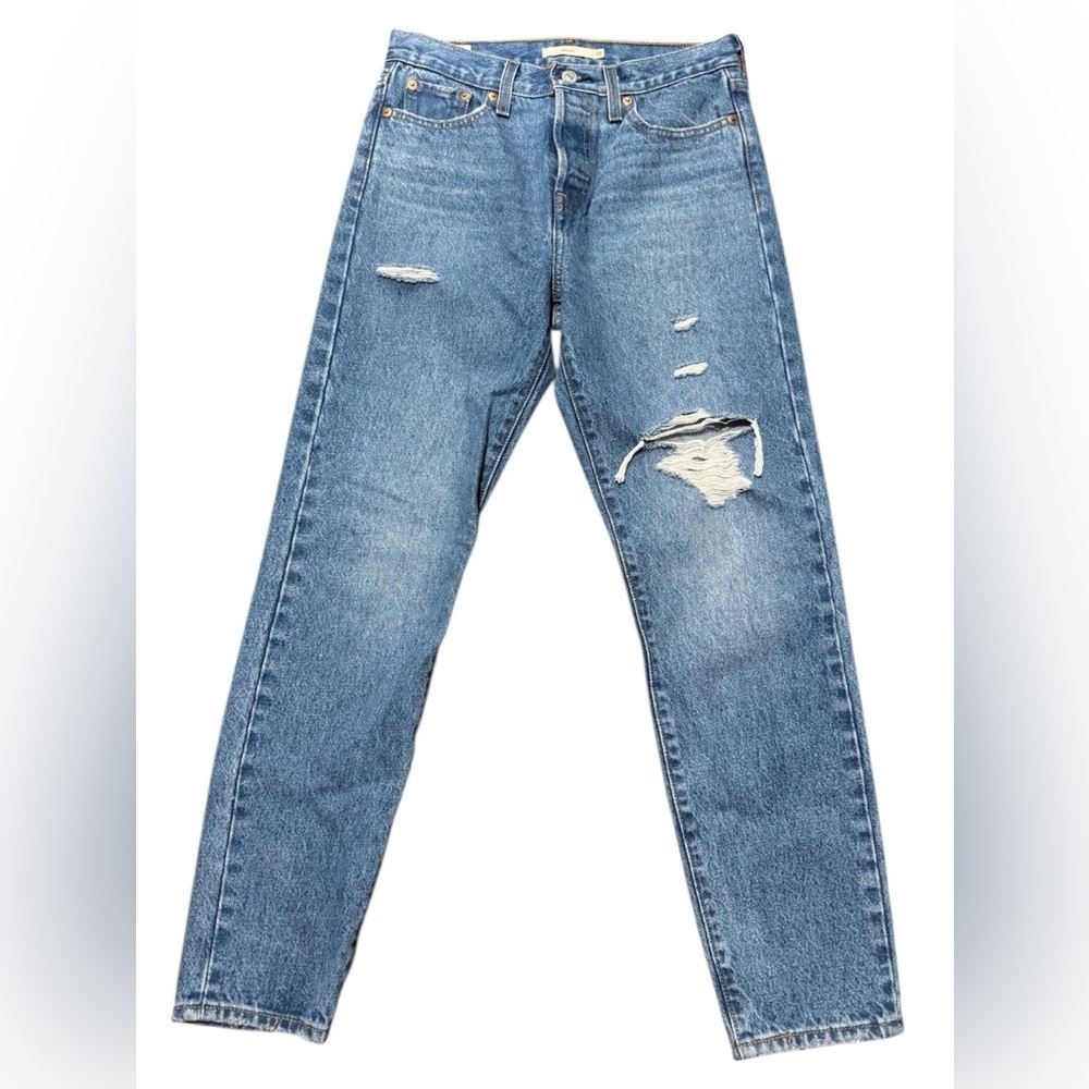 Levis Iconic Wedgie Jeans Size 26 Blue Medium Wash Distressed Premium Denim